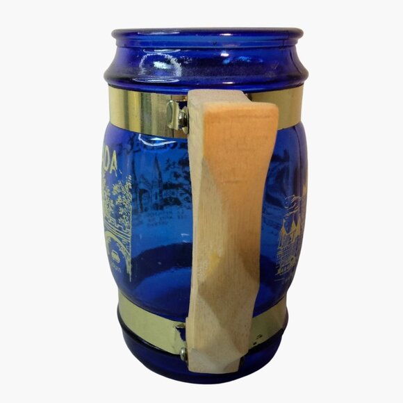 Quebec Canada Souvenir Cobalt Blue Glass Mug Wooden Handle Vintage - Picture 5 of 12
